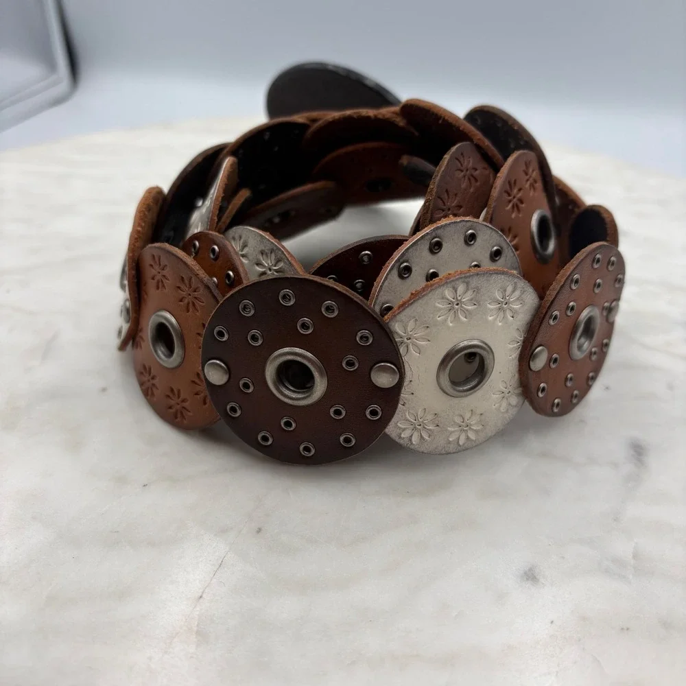 Y2K Genuine Leather Disc Belt Womens M Brown Silver Grommet Boho Studded Western